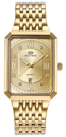 JewelryWe Uhren Herren Edelstahl Rechteckig: 30m wasserdichte Kalender Analog Quarz Armbanduhr Herrenuhr Gold Edelstahl Band Geschäft Lässige Uhr mit Strass Römischen Zahlen Rechteck Zifferblatt