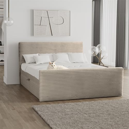 Kaiser Möbel - Bett 160x200 cm, Boxspringbett mit Bettkasten und Topper, Cord Schlafzimmerbett, Doppelbett mit Stauraum und Gepolstertes Kopfteil, Toppermatratze aus Viscoschaum - Trento - Beige