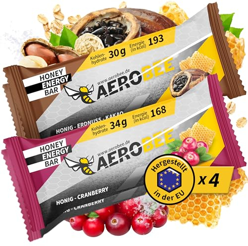 AEROBEE Energieriegel - Powerriegel Probierpaket - 2x Honig, Erdnuss & Kakao + 2x Honig & Kaffee - Haferriegel ohne Zucker idealer Ausdauer- & Energieriegel, Wandernahrung + Mahlzeitenersatz Riegel