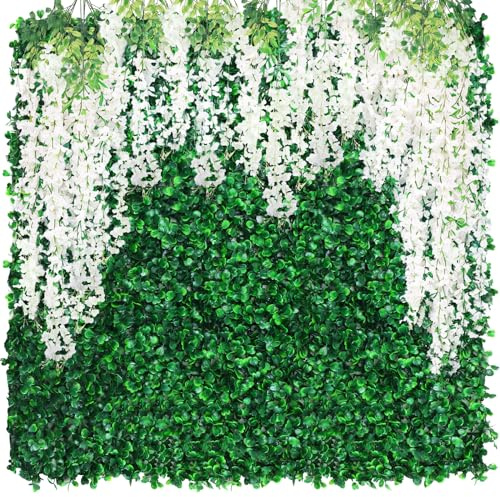 Juinte 18 Stück 40,6 x 61 cm Graswandpaneele künstliche Hecke Buchsbaumplatten mit 36 Stück 100 cm weißen Glyzinien hängende Blumengirlande für drinnen und draußen, Grünhintergrund, Zaun,