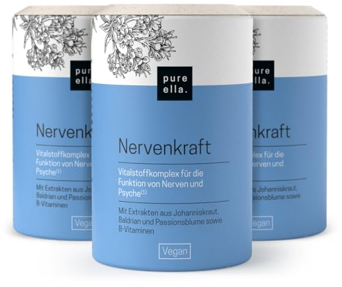 Pure Ella NERVENKRAFT – Hochdosiert, 180 Vegane Kapseln - Baldrian Passionsblume Johanniskraut Kapseln - Vitamin B1 und Niacin für Nerven & Psyche - Laborgeprüft in Deutschland