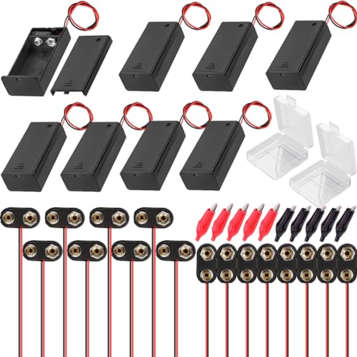 EatPitaya 8Pcs 9V Battery Holder with Switch, 9V Battery Case with Connect Wires, 16Pcs 9V Type I &Type T Battery Clips Connecter with Bare Leads and Hard Shell, 2Pcs 9V Battery Storage Case