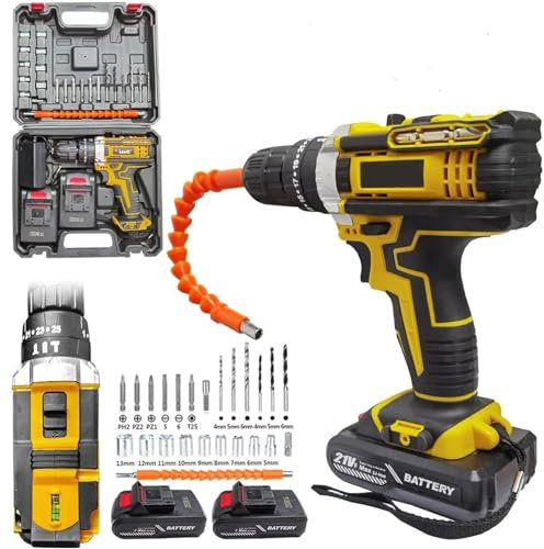 LUSKSk Cordless Drill Driver 21V, Electric Screwdriver with 2 Batteries 2.0Ah, 25+1 Torque Cordless Drill, 2 Speed, LED Work Light, Fast Charging Combi (Yellow)