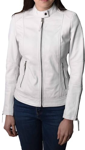 Divergent Retail Giacca da motociclista in vera pelle da donna, casual, con cerniera, colore bianco felce, bianco, 46