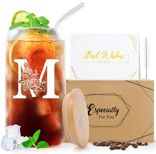 Psukhai A-Z 26 Initial Personalised Birthday Gifts for Women Girlfriend Best Friend Her Mum Sister Friendship Teacher Valentines Christmas Gifts for Dad Him Men, Iced Coffee Cup Gift with Lids Straws