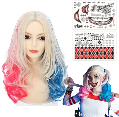 Karneval Perücke Damen Mädchen, Perücke Blau Rosa, Kostüm Cosplay Accessories Perücken mit Tattoos für Damen Mädchen Karneval Halloween Fasching Party