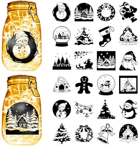 CREATCABIN 24 Autocollant Silhouettes Noël Bocaux Mason Décalcomanies Père Noël Bonhomme Neige Scrapbooking Décoration Bocal PVC Imperméable pour Fenêtres Murales Bocaux Verre Dépoli Artisanat 9x10cm
