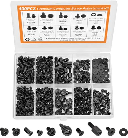 400Pcs Premium Computer Screws Kit for PC, Includes Motherboard Screws, Standoffs, SSD Mounting Screws, PC Case, Fan, and Hard Drive Screws – High-Strength & Durable for Custom Builds and Repairs