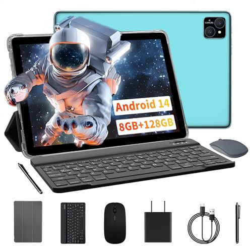 VASOUN Tablet 10 Zoll, Android Tablet 14 mit Ledertasche, Tastatur und Maus, Eingabestift, 5Ghz WiFi, 128 GB Storage, 8000 mAh, 2.0 MP+8.0 MP Camera, GMS Certifild Tablet PC Octa-Core (Grün)
