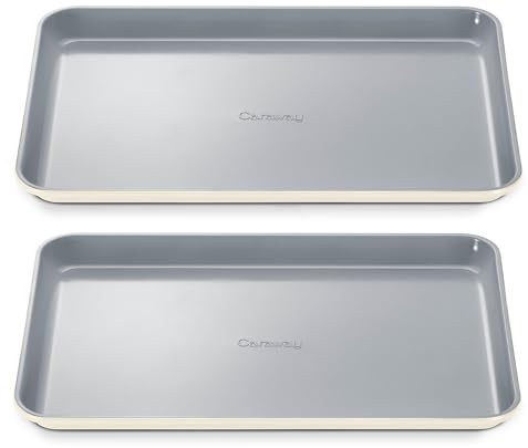 Caraway Non-Stick Ceramic Medium Baking Sheet Duo | Naturally Slick Ceramic Coating, Non-Toxic, PTFE and PFOA Free, Perfect for Baking, Roasting, and More, (15 x 10), Cream