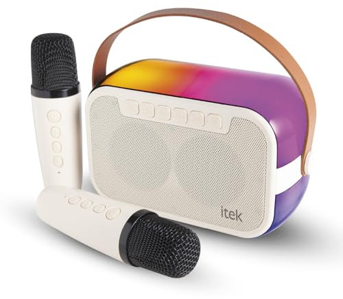 iTek I58086 Portable Bluetooth Karaoke Speaker with 2 x Wireless Microphones, Rechargeable Battery, 4 Voice Effects and Echo Function and 5 LED Light Modes, 10W, Cream