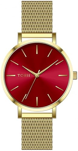 TORII Damenuhr Rot Edelstahl - rund Quarz G33GS.TG Milanaise-Armband Strichindizes wasserdicht 50 m