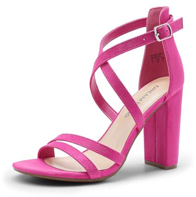 DREAM PAIRS Womens Chunky Heels 4 inch High Multi Strap Soft Comfort Block Heeled Sandals for Prom Dancing Wedding,Size 6.5,Hot Pink,DWUMHS2501