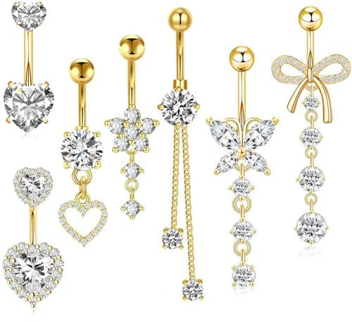 Irikdescia 7 Stück Bauchnabelpiercing Set, Edelstahl Zirkonia Hängend Herz Piercing Bauchnabel Belly Button Ring Wasserfest, Bauchpiercing Schmuck Frauen(Gold)