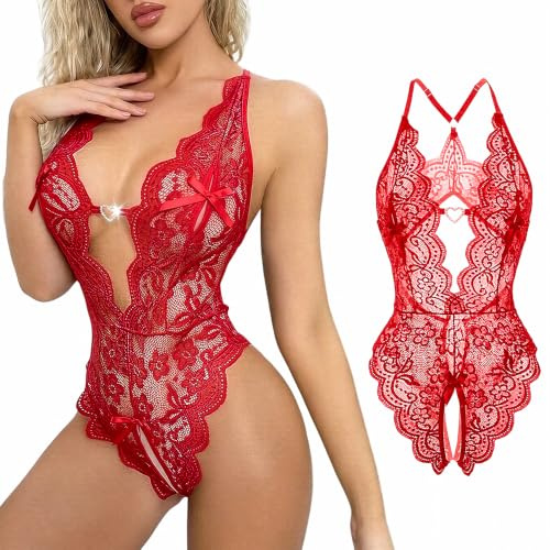 Women's Lace Bodysuit Sexy Lingerie One Piece Teddy Underwear Halter Deep V Chemise Naughty Hollow-out Slim Bodycon Mesh Stretch Jumpsuit Leotard Sleepwear Backless Negligee for Valentine's Day