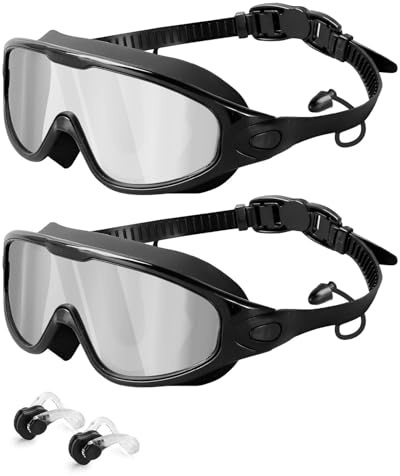Lorrtta Wide Vision Swimming Goggles 2 Pack Anti-Fog Googles Swimming Adults, Anti-Leak UV Protection Clear Vision with Nose Clips & Earplus Suitable for Adults Mens Swimming Goggles