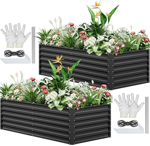 YITAHOME 2Pcs Jardineras Exterior de Metal 180x90x60cm, Huerto Urbano de Zinc-Aluminio-Magnesio para Jardín con Barra de Soporte y Guantes para Verduras, Flores, Frutas (Negro)