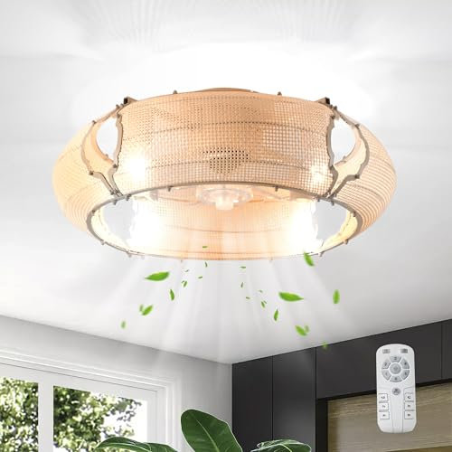 Ganeed Ventilador de techo con jaula boho con luces y montaje remoto empotrado ratán de perfil bajo con luces 6 velocidades Fandelier de granja para dormitorio sala de estar cocina 4 luces