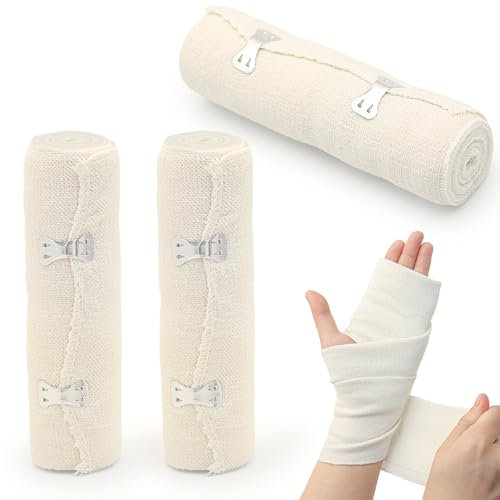 3 Pièces Bandage Medical Elastique, 15 cm x 4.3 m Bande de Crepe avec Clips en Métal, Bandage Extensible pour le Soutien de la Cheville Blessures aux Bras, aux Jambes ou au Thorax