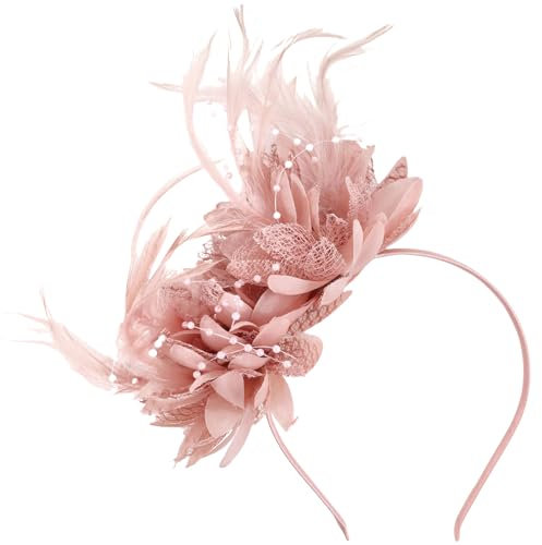 GWAWG Bandeau à Plumes Vintage Années 1920, Serre-tête avec Fleurs Artificielles, Accessoire Cheveux Femme pour Mariage, Cocktail, Soirée, Style Gatsby Décoration Rétro (Rose, Taille unique)