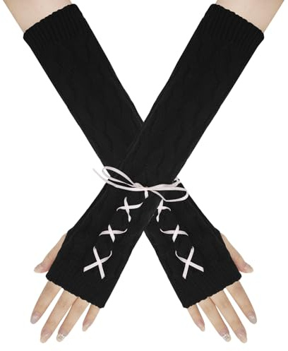 LJCZKA Damen Niedliche Armstulpen Y2K,Gestrickte Lange Ärmel Fingerlose Handschuhe Winter Armstulpen mit Daumenloch für Cosplay,Gyaru Zubehör