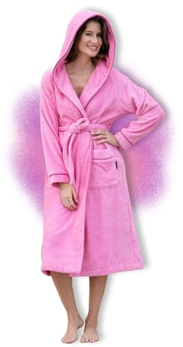 ELEVAVIDA Accappatoio da donna con cappuccio in morbido cotone – extra morbido e confortevole – accappatoio lungo in spugna – certificato Oeko-Tex, Rosa fucsia, M