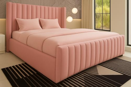 Luxury Chesterfield Winged Panel Bed Frame |- Double King Superking Sizes - Optional Gas Lift & Mattress - UK Made (Pink Plush, Double 4ft6 Bed Frame)