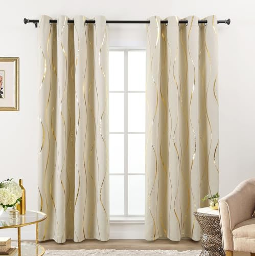 L.Z.E Gardinen Vorhang Verdunklung für Schlafzimmer Wohnzimmer, Creme Gardine Vorhänge mit Gold Muster, 225 cm Lang mit Ösen, 2er Set Gardinenschals 80-85% Abdunkelnd Blickdicht (LZE2252E-BGG225)