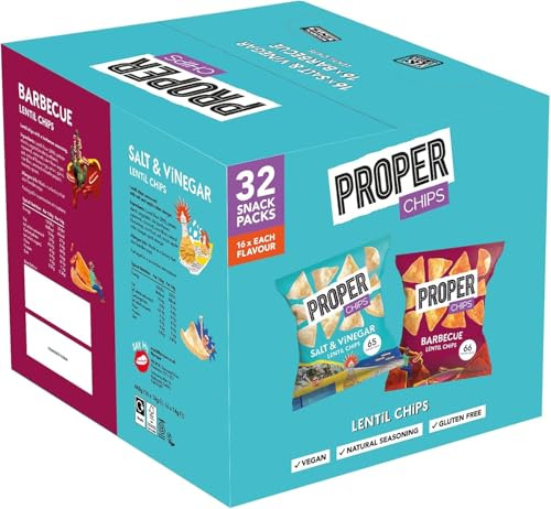 PROPER - Multipack Box, Barbecue and Salt & Vinegar Lentil Chips, Vegan, Gluten Free Snacks, 14g, 32 Packs, (16 bags of each flavour) - By Shop 4 Less