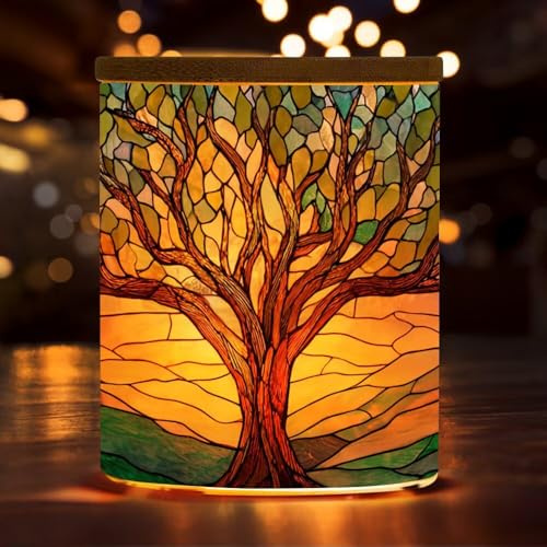 Photophore arbre de vie en verre teinté avec couvercle en bambou, bougeoir LED pour décoration d'intérieur, mariage, anniversaire, Noël, cadeau pour maman, meilleure fille, fille