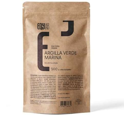 EQYLAB Argilla Verde Marina Ventilata 100% Pura e Naturale - Polvere Essiccata al Sole per Maschera Viso, Corpo e Cataplasmi - Ricca di Oligominerali, Senza Additivi - Made in Italy - 500g