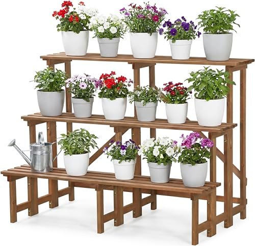 needs&wants® Große Pflanzentreppe Blumentreppe mit 3 Stufen Etagen, Pflanzenständer Blumenständer Pflanzenregal Blumenregal XL aus Holz wetterfest für Outdoor Indoor Balkon Garten draußen innen, braun