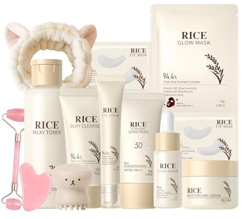 13 Stück Reis Korean Skincare Set, Gesichtspflege Set Damen mit Toner, Cleanser, Serum, Creme, Augencreme, Sonnencreme, Masken & Gua Sha Tools, Koreanische Kosmetik Geschenkset Frauen