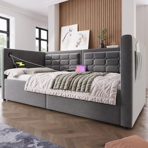 Xfholl 3ft Single Upholstered Bed with Hydraulic Storage and Charging Station, Daybed for Living Room and Bedroom, Velvet, Grey, 90 x 190 cm (No Mattress)