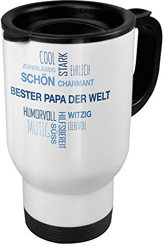 printplanet Thermobecher weiß mit Namen Bester Papa der Welt - Motiv Positive Eigenschaften (Tag Cloud) - Coffee to Go Becher, Thermo-Tasse