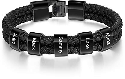 Personalisierte Armband mit 2~5 Name Perlen Herren Lederarmband Personalisiert Männer Braid Armband mit Namen Graviert Edelstahl Geschenk für Männer Vatertag (5 Name)