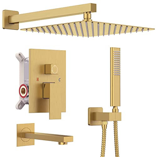 IRIBER Champagne Bronze Rain Shower System with Waterfall Tub Spout 3 Function Brush Gold Shower Faucet Set Contain 12 Inch Shower Head and Handheld Brushed Brass Shower Trim Kit (Valve Included