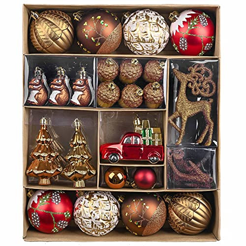Valery Madelyn Christmas Ornaments Set, 60ct Red and Brown Shatterproof Christmas Tree Decorations, Woodland Hanging Ball Ornaments Bulk for Xmas Holiday Decor