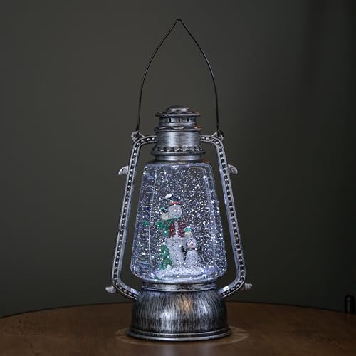 24cm Battery Operated Snowman and Penguin Hurricane Lantern Glitter Water Spinner in Antique Silver