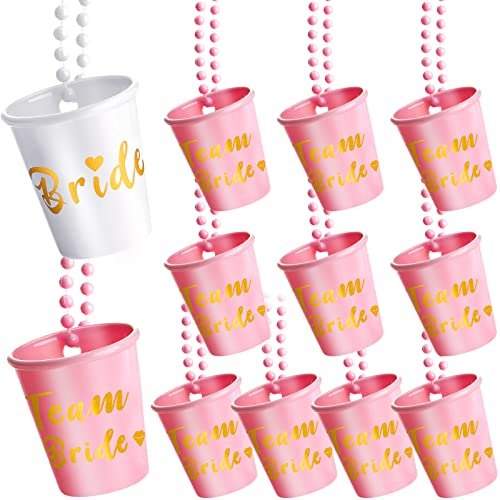 12 Packs Team Bride and Bride Shot Necklace Glass Bachelorette Party Decorations Bridesmaid Gifts Gold Foil Bachelorette Party Necklace Shot Glasses with Beads Chain for Wedding Party (Pink)