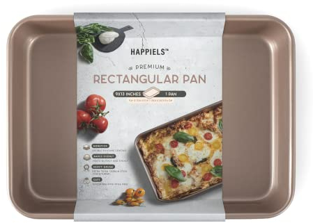 HAPPIELS Nonstick Non Toxic 9x13 in Baking Pan for oven | Cake Mold 9 x 13 Non Stick Nontoxic | Carbon Steel Gold Brownies Pans 13x9 inches | Rectangle Brownie Tray 9 by 13 inch | Baking Ware