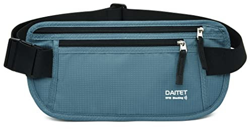 DAITET Geldgürtel – Reisepasshülle mit RFID-Blockierung, verdeckte Bauchtasche, Schwarz Türkis, RFID-blockiert und Gürtelbreite: 3,7 cm