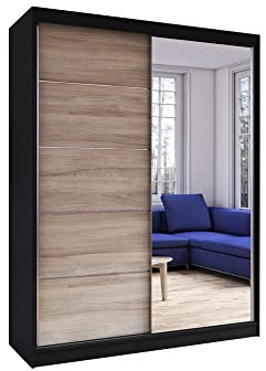mb-moebel Armoire de Chambre avec 2 Portes coulissantes et Miroir l Dressing Garde-Robe Penderie (Tringle) avec étagères (61x150x200): Lara05(Noir+Sonoma)