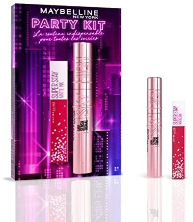 MAYBELLINE Maybelline New York – Set Duo Anniversary Collection – Langanhaltende Lippenfarbe und Mascara-Länge – Farben: Life of the Party (Superstay Matte Ink) und Schwarz (Sky High)
