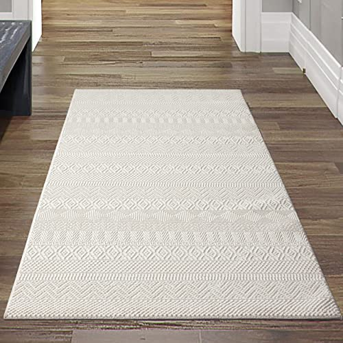Teppich-Traum Recycel Kurzflorteppich Hoch Tief Effekt • kleine Zig-Zag Rauten Kreuzchen Creme, 80 x 150 cm