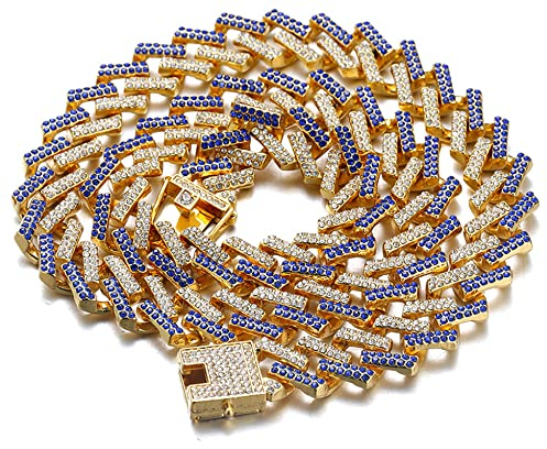 Halukakah Goldkette Iced Out für Große Hunde,Diamant Kubanische Halskette Kragen 14MM 18 Karat Echt Vergoldet Blau Diamanten 40cm Größe mit KOSTENLOSER Geschenkbox,Nur Dekoration