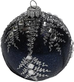 Keyhomestore- Set 4 palline per albero di Natale in vetro, color blu e decoro argento e brillantini. Decorazione per albero di Natale da interno. Diametro 8 cm