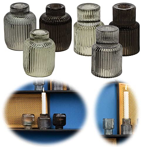 LS-LebenStil 3-Fach Retro Glas Teelichthalter Set 2in1 8,5x6cm Multi-Colour Stabkerzen-Kerzenhalter Teelichtglas