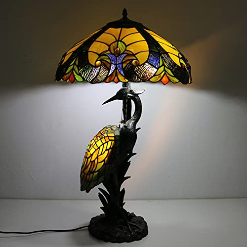 BOTOWI Wohnzimmer-Lampe,Tiffany-Lampe,Grüne Buntglas-Liaison-Tischlampe,Vintage-Schreibtischlampe Mit Farbigem Glasschirm,Kranich Beleuchtete Basis Für Haus Büro,18X30in