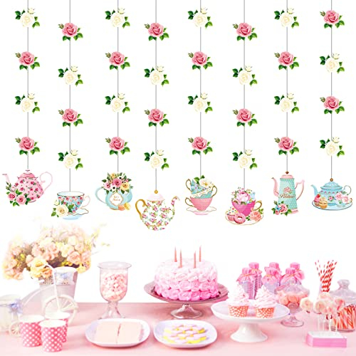 Faccito Floral Tea Party Decorations Double Sided Tea Party Hanging Garland Decor for Baby Shower Gender Reveal Bridal Wedding Favors Girls Women 32, 8 Pack